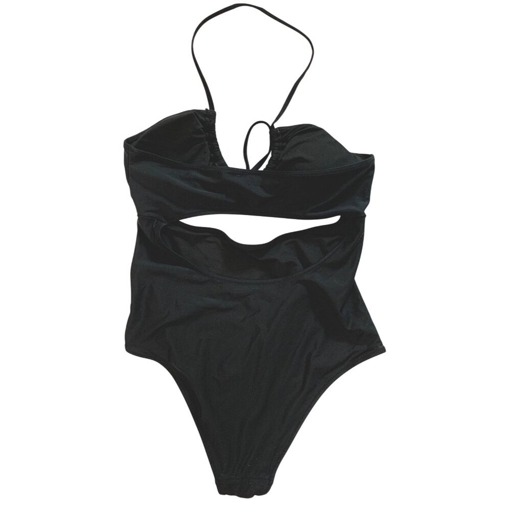 Aerie Black Bandeau One-Piece Swimsuit M/L RY10392 Cutout Halter Island Cruise - Picture 3 of 7